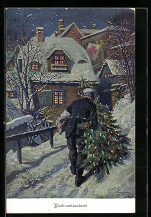 Bild des Verkufers fr Knstler-Ansichtskarte Rotes Kreuz, Weihnachtsabend, Soldat mit Weihnachtsbaum und Geschenken zum Verkauf von Bartko-Reher
