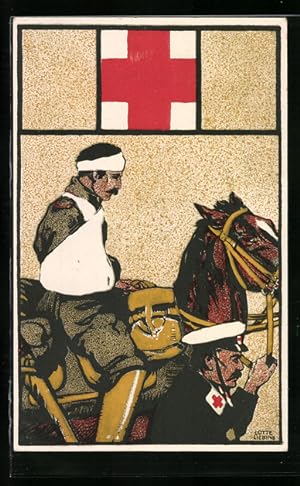 Seller image for Knstler-Ansichtskarte Feldsanitter vom Roten Kreuz fhrt Verwundeten weg von der Schlacht for sale by Bartko-Reher