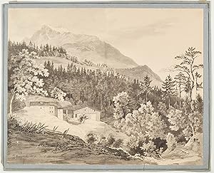 MARTIN MARTIN (1792 - 1865). "Zellergraben Mühle". Blick über eine niedrige Steinmauer auf eine t...