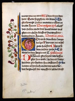 15 century manuscript leaf on vellum from book of hours with large decorated initial.