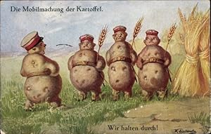 Bild des Verkufers fr Knstler Ansichtskarte / Postkarte Fialkowska, Wally, Die Mobilmachung der Kartoffel, Wir halten durch, Vermenschlichtes - Primus 1030 zum Verkauf von akpool GmbH