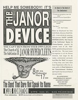 Help Me Somebody! It's The Janor Device (Original flyer for the 1989 nightclub performance)