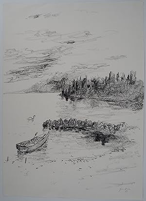 Seller image for Bernard GANTNER : Suisse, Barque sur le Lac Lman, Dessin original sign for sale by Artfever