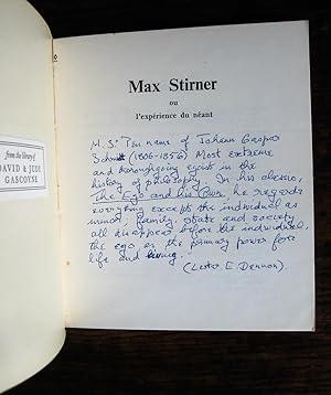 Seller image for Max Stirner ou l'exprience du nant. Prsentation, choix de textes, bibliographie par Henri Arvon. (Philosophes de Tous les Temps) for sale by James Fergusson Books & Manuscripts