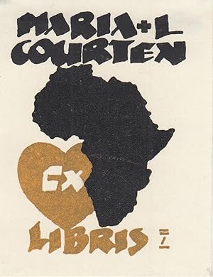 Ex Libris für Maria + L. Courten. Umrisse des afrikanischen Kontinents und Herz, Autotypie, unten...