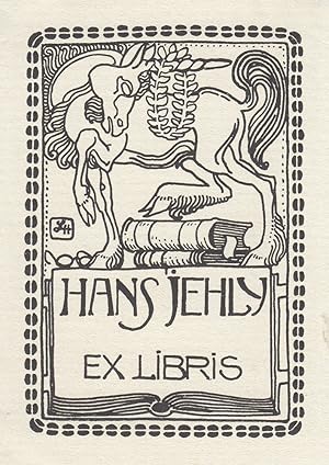 Ex Libris für Hans Jehly. Einhorn über Büchern. Autotypie, Mitte links monogrammiert. 11,5 x 8,2 cm.
