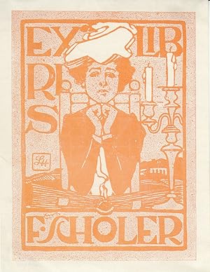 Ex Libris für F. Scholler Dame auf aufgeschlagenem Buch gestützt, Autotypie, Mitte links monogram...