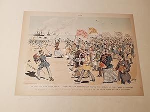 Seller image for 1897 Puck Lithograph of "In Case of War With Spain--How We Can Effectually Repel the Enemy, If They Make A Landing" - Put a Regiment of our Book Agents, Life Insurance Fiends and Charity Solicitors in the Field, and the Invaders will flee in Wild Disorder for sale by rareviewbooks