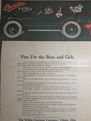 Image du vendeur pour Advertisement for Willys Overland Automobiles "Fine for Boys and Girls" Reverse side has ad for Hupmobile, Structo Models, plus aritcles "What to Do For Gout" mis en vente par Hammonds Antiques & Books