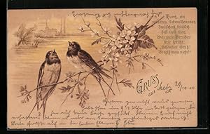 Imagen del vendedor de Knstler-Ansichtskarte Zwei Singvgel auf einem blhenden Zweig a la venta por Bartko-Reher