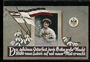Ansichtskarte Deutscher Ostergruss, Reichs - und Reichskriegsfahne, Mädchen mit Blumenstrauss