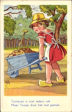 Künstler Ansichtskarte / Postkarte Frau mit Holzschuhen und Schubkarre