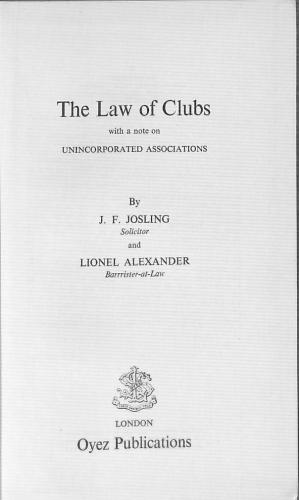 Bild des Verkufers fr The Law of Clubs (with a Note on unincorporated associations) zum Verkauf von WeBuyBooks