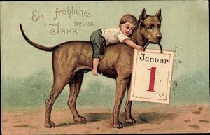Präge Ansichtskarte / Postkarte Glückwunsch Neujahr, Junge auf Hund reitend, Kalender
