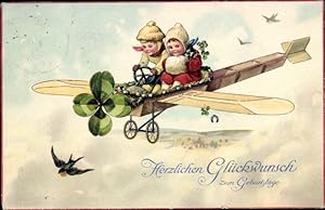 Ansichtskarte / Postkarte Glückwunsch Geburtstag, Kinder im Flugzeug, Kleeblatt, Schwalbe