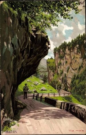 Künstler Litho Mailick, Wanderer auf einem Weg durchs Gebirge, Felsen