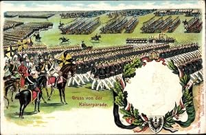 Präge Ansichtskarte / Postkarte Kaiserparade, Kaiser Wilhelm II., Wappen, Adler