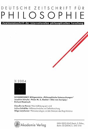 Imagen del vendedor de Wittgenstein's "Philosophische Untersuchungen". Nr. 3 / 2004; Deutsche Zeitschrift fr Philosophie. Band 52. a la venta por Fundus-Online GbR Borkert Schwarz Zerfa