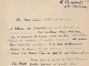 A wonderful signed autograph letter from Max Jacob to Maurice Morel (l'abbé Morel), with a moving...