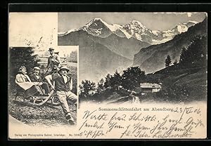 Ansichtskarte Wilderswil, Abendberg, Sommerschlittenfahrt eines Paares, Holzhütte am Berghang