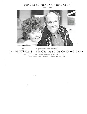 Bild des Verkufers fr [Geraldine McEwan, distinguished English actress on stage, screen and television.] Autograph Inscription Signed to menu for Gallery First Nighters  Club luncheon in honour of Prunella Scales and Timothy West. zum Verkauf von Richard M. Ford Ltd