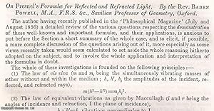 Imagen del vendedor de Fresnel's Formulae for Reflected & Refracted Light. An uncommon original article from the British Association for the Advancement of Science Report, 1856. a la venta por Cosmo Books