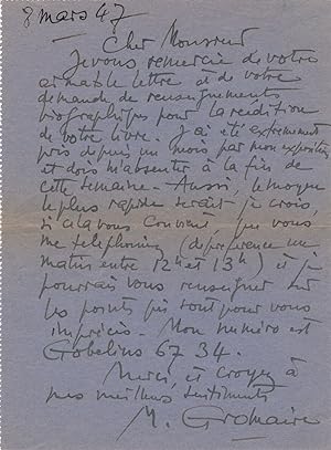 Marcel GROMAIRE lettre à Fritz-René Vanderpyl