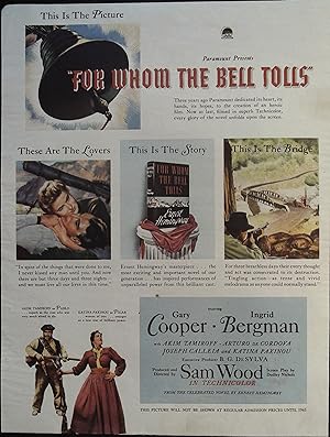 Immagine del venditore per For Whom the Bell Tolls Trade Print Ad 1944 Gary Coope, Ingrid Bergman! venduto da AcornBooksNH