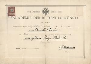 Verleihungsurkunde der goldenen Füger-Medaille für Kamillo Discher. Mit eigenhändiger Signatur vo...
