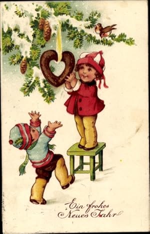 Ansichtskarte / Postkarte Glückwunsch Neujahr, Kinder, Tannenbaum, Lebkuchen