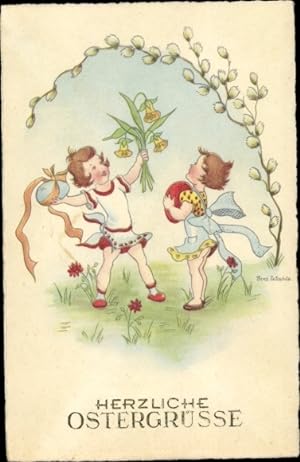 Künstler Ansichtskarte / Postkarte Glückwunsch Ostern, Tanzende Mädchen, Ostereier, Weidenkätzchen