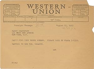 Original Typed Letter Signed from Paddy Chayefsky to Garson Kanin