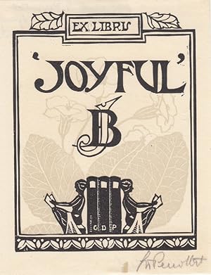 Seller image for Ex Libris J. B. Drei Bcher und zwei Buchhalter vor Blumen. "Joyful". for sale by Antiquariat  Braun