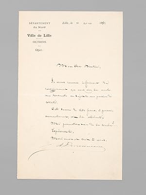 [ Lettre autographe signée ] 1 L.A.S. datée de Lille, le 11 avril 1882 [ Alexandre Desrousseaux r...