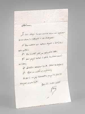 Image du vendeur pour [ Lettre autographe signe ] 1 L.A.S. adresse  Madame Le Simier  La Bellangerie, s.l.n.d., 1 page : "Madame, je suis charg de vous annoncer [ . ] une cargaison qu'on adresse de [ . ]  La Bellangerie : 1e Une ombrelle que Madame Auguste a laiss dans notre voiture ; 2e Un ventail prt par Mademoiselle Esther 3e Une poupe destine  ladite demoiselle nomme ci-dessus 4e Les dernires Messniennes de M. Casimir Delavigne 5e Toutes mes amitis et complimens ; Le tout  un prix raisonnable, exempt de frais de transport, et autres droits. Votre trs-humble serviteur " mis en vente par Librairie du Cardinal