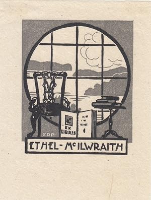 Seller image for Ethel McIlwraith. Sessel und Tischchen mit Bchern vor vergittertem Fenster mit Blick auf Uferlandschaft. for sale by Antiquariat  Braun