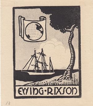 Seller image for Ewing Rixson. Baum am Ufer, dahinter Segelschiff, darber Blatt mit Globus. for sale by Antiquariat  Braun