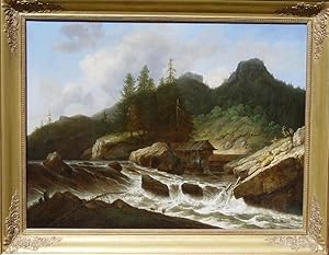 "Norwegische Landschaft mit reißendem Fluß und Sägemühle" originales Ölgemälde auf Leinwand ca. 8...
