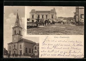 Carte postale Cirey-sur-Vezouze, la place du Marché et l'Église avec des soldatsgruppen
