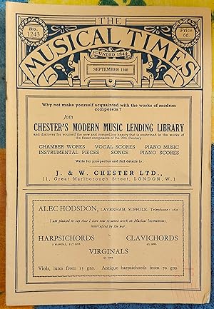 Seller image for The Musical Times September 1946 No.1243 / A Hyatt King "The Hirsch Music Library/ M Montague-Nathan "Music or Performance?" / 'The Bach Reader' A Life of Johann Sebastian Bach reviewed / Gramophone Notes - Vaughan Williams's 'Job' reviewed / W R Anderson "Round about Radio" / New Music - Orchestral Scores / Carl Fuchs "Reminiscences of Charles Halle" for sale by Shore Books