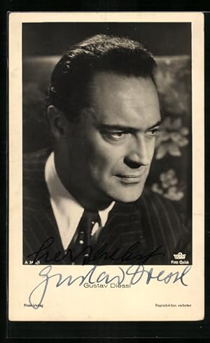 Ansichtskarte Schauspieler Gustav Diessl im Portrait zur Seite blickend, Original Autograph