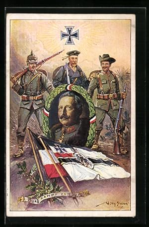 Künstler-Ansichtskarte Willy Stoewer: Reichskriegsflagge und Eisernes Kreuz, Kaiser Wilhelm II, S...