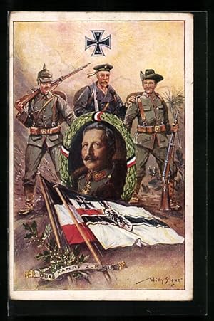 Künstler-Ansichtskarte Willy Stoewer: Reichskriegsflagge und Eisernes Kreuz, Kaiser Wilhelm II, S...