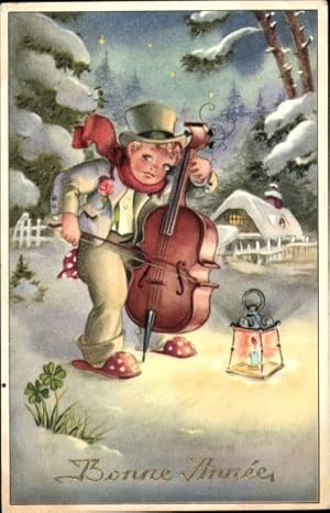 Ansichtskarte / Postkarte Glückwunsch Neujahr, Mann mit Cello, Laterne, Kleeblätter