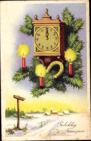 Ansichtskarte / Postkarte Glückwunsch Neujahr, Uhr, Hufeisen, Kerzen, Tannenzweige