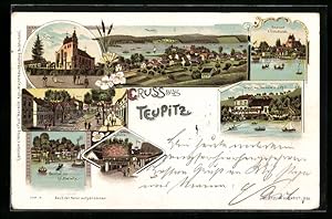 Lithographie Teupitz, Gasthof W. Marwitz, Gasthof Mende, Marktplatz, Segelboot