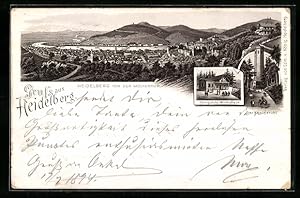 Imagen del vendedor de Vorlufer-Lithographie Heidelberg, 1894, Knigstuhl-Gasthaus und Turm, Stadtansicht von der Molkenkur a la venta por Bartko-Reher