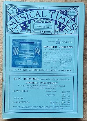 Image du vendeur pour The Musical Times October 1952 No.1316 / Edward J Dent "Ralph Vaighan Williams" / Ernest Bradbury "Iris Lemare" / Franklyn Kelsey "Science and the Singing-Master" / Leon Vallas's "Cesar Franck" reviewed / W R Anderson "The Edinburgh Festival" / Henry Wood Promenade Concerts / Mermaid Theatre / "Die Liebe Die Danae" At Salzburg / The Bayreuth Festival / Pfitzner's 'Palestrina' In Munich mis en vente par Shore Books