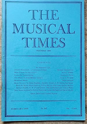Image du vendeur pour The Musical Times February 1958 No.1380 / Robert Donington "Arnold Dolmetsch: a Centenary Tribute" / Alan J Kirby "What Future for the Choir?" / Joseph E Potts "Louisville Commissions" / Harold Rutland "Notes and Comments" / Denis Stevens "Broadcast Music" / Dyneley Hussey "The Musician's Gramophone" / sheet-music for "Christ is now rysen agayne" by Brian Brockless / Oxford, Liverpool, Manchester, And The Midlands / Reports from Abroad / Jack O Pilgrim "The Music Of York Minster Library" / Antony Davies "The New Organ In Vienna Cathedral" mis en vente par Shore Books