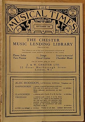 Imagen del vendedor de The Musical Times September 1949 No.1279 / John Pashby "The Landau Music Collection" / Henry George Farmer "Music Down Below" / 'The Olympians' - libretto / Gramophone Notes / sheet-music for "O Sweer Jesu" by Christina Rossetti and Richard Graves / Dr G T Thalben-Ball "How Popular Is The Organ?" / Arthur Jacobs "'King Arthur' at Cambridge" a la venta por Shore Books